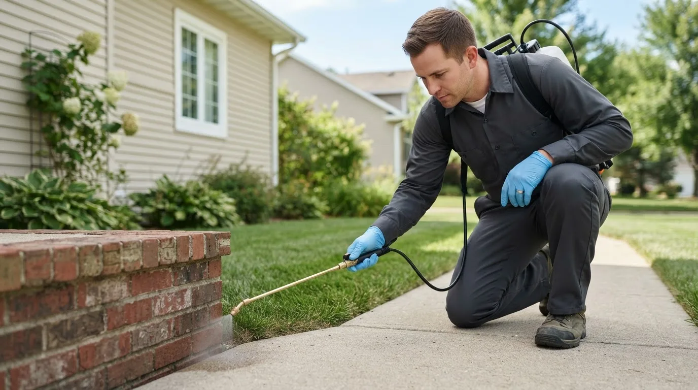 Pest control technician treating a home near Camden, MI
