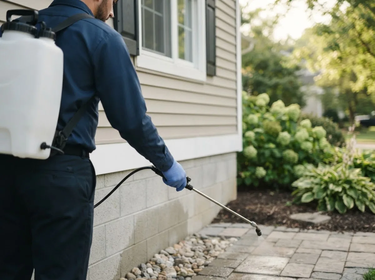 Pest control technician inspecting a home in Camden, MI